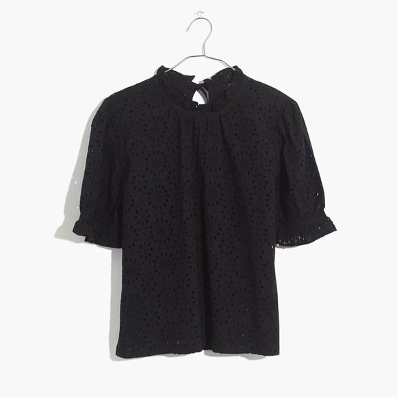 NWT Madewell Embroidered Eyelet Ruffle-Neck Keyhole Top - XL - Black - Back Tie - Picture 8 of 10